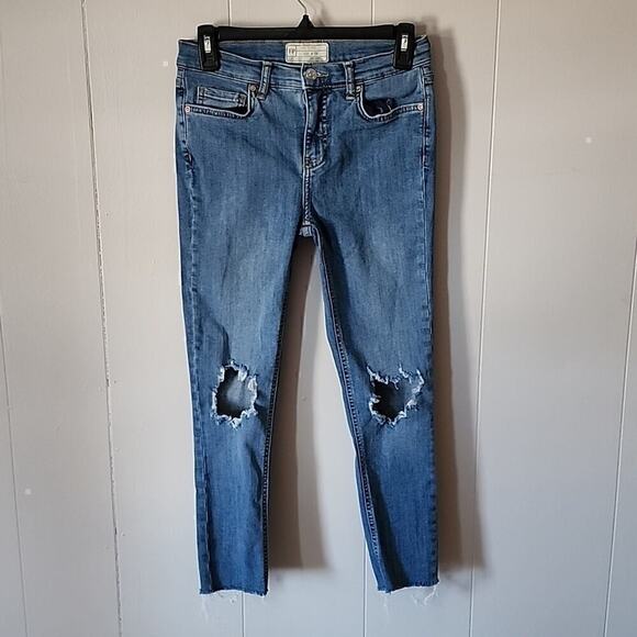 Free People Pants - Free People Size 26R Busted Knee Skinny Jean Mid Rise Distressed Boho Blue